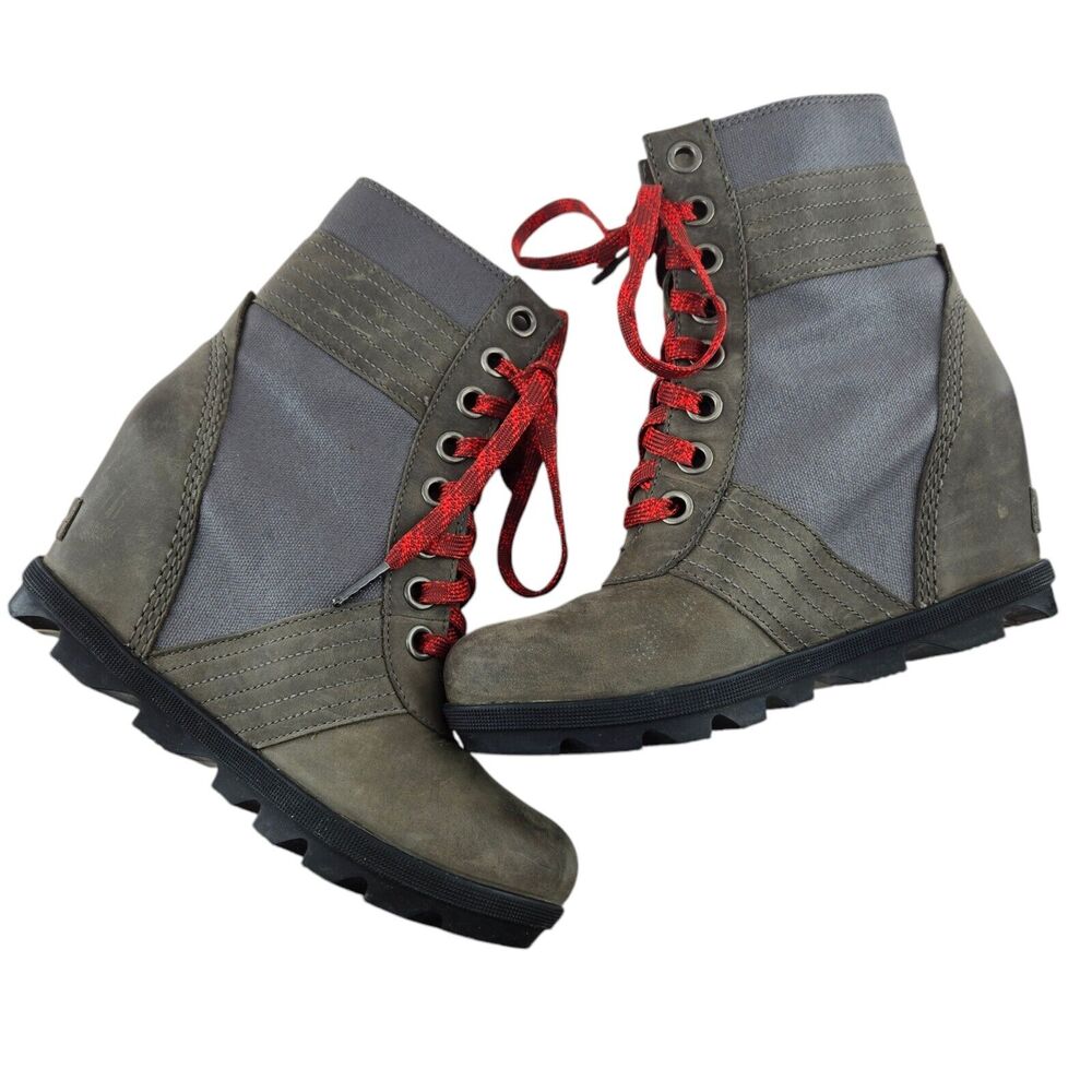 Sorel Lexie Wedge Boots Womens‎ 7 Gray Suede And Canvas Red Laces City Trendy